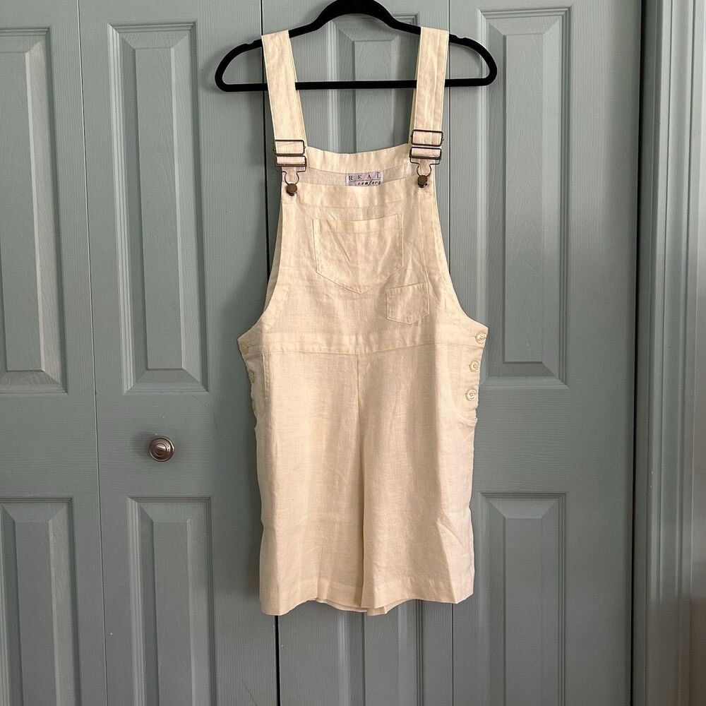 Vtg 90s Real Comfort Linen Ivory Short Overalls Romper Medium Y2K Lagenlook Boho